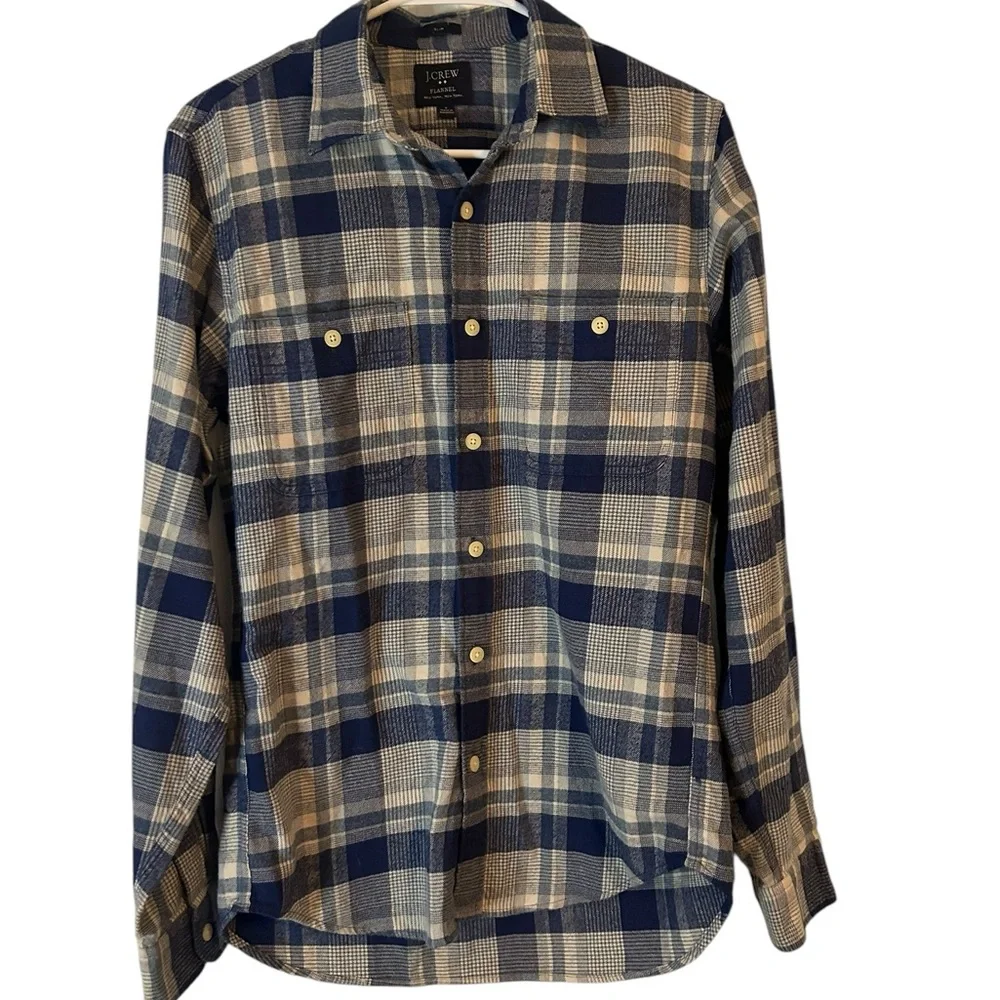 J.Crew Men’s Gray Blue Check Flannel Shirt Size Small 100% Cotton
